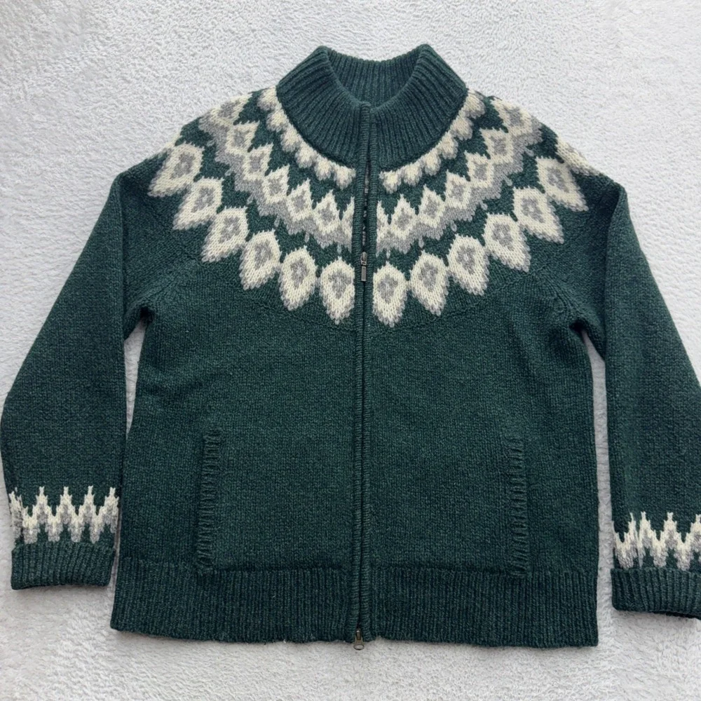 LL Bean Women XL Forest Green 100% Lambswool Fair Isle Full Zip Cardigan Sweater
